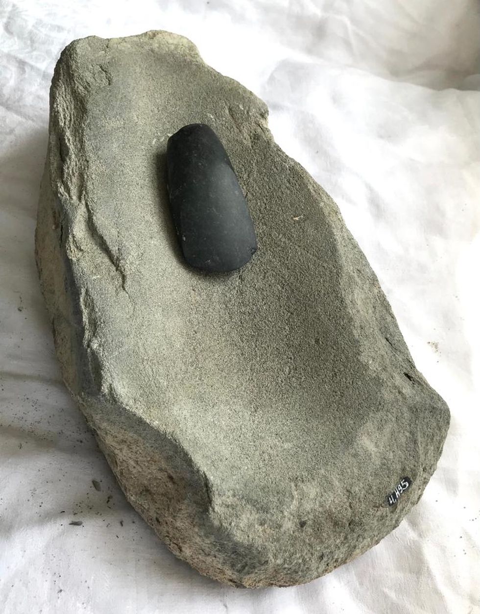 Steinbeilschleifplatte aus Molassesandstein mit tiefer Schleifbahn